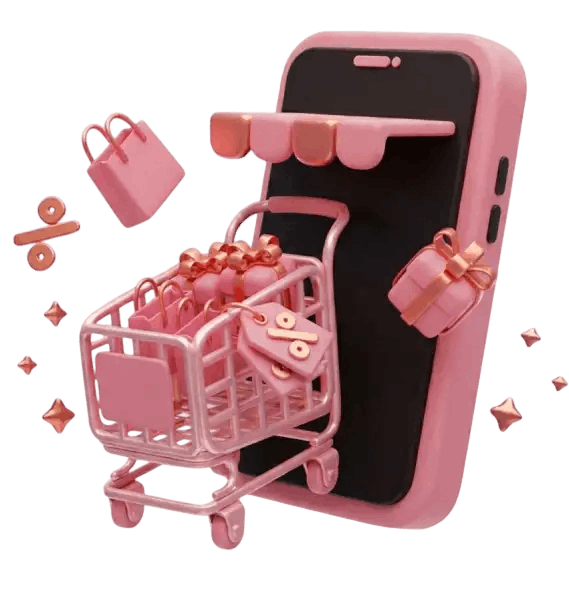 3D shopping cart and smartphone illustration for ecommerce website design services