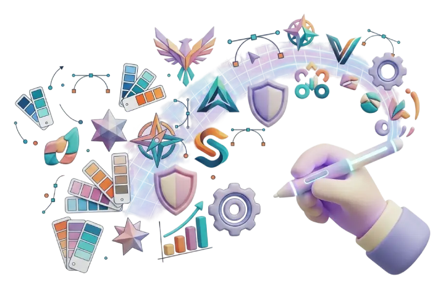 Logo design and brand identity illustration with color palettes, creative tools, typography elements and branding symbols